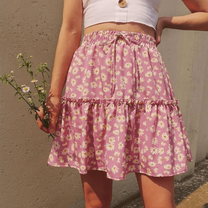 Wanda Jupe Courte Fleurie Looksy – Taille Haute Flatteuse & Volants Superposés Légers