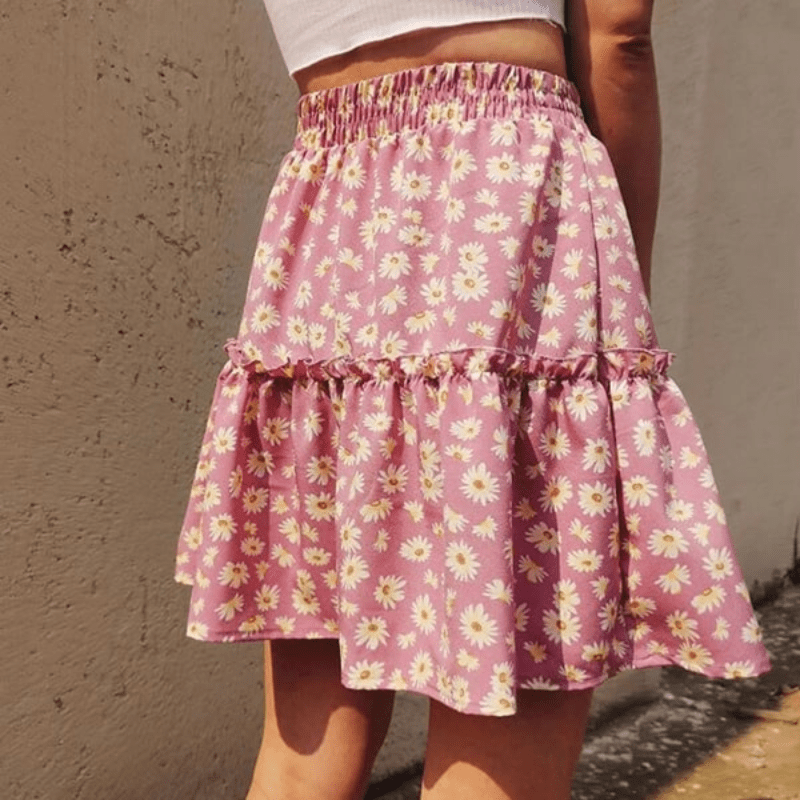 Wanda Jupe Courte Fleurie Looksy – Taille Haute Flatteuse & Volants Superposés Légers