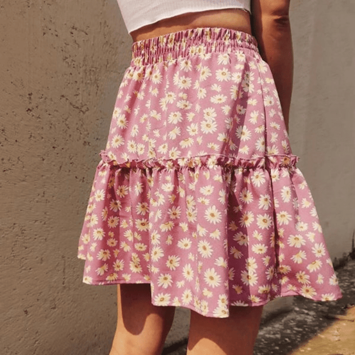 Wanda Jupe Courte Fleurie Looksy – Taille Haute Flatteuse & Volants Superposés Légers
