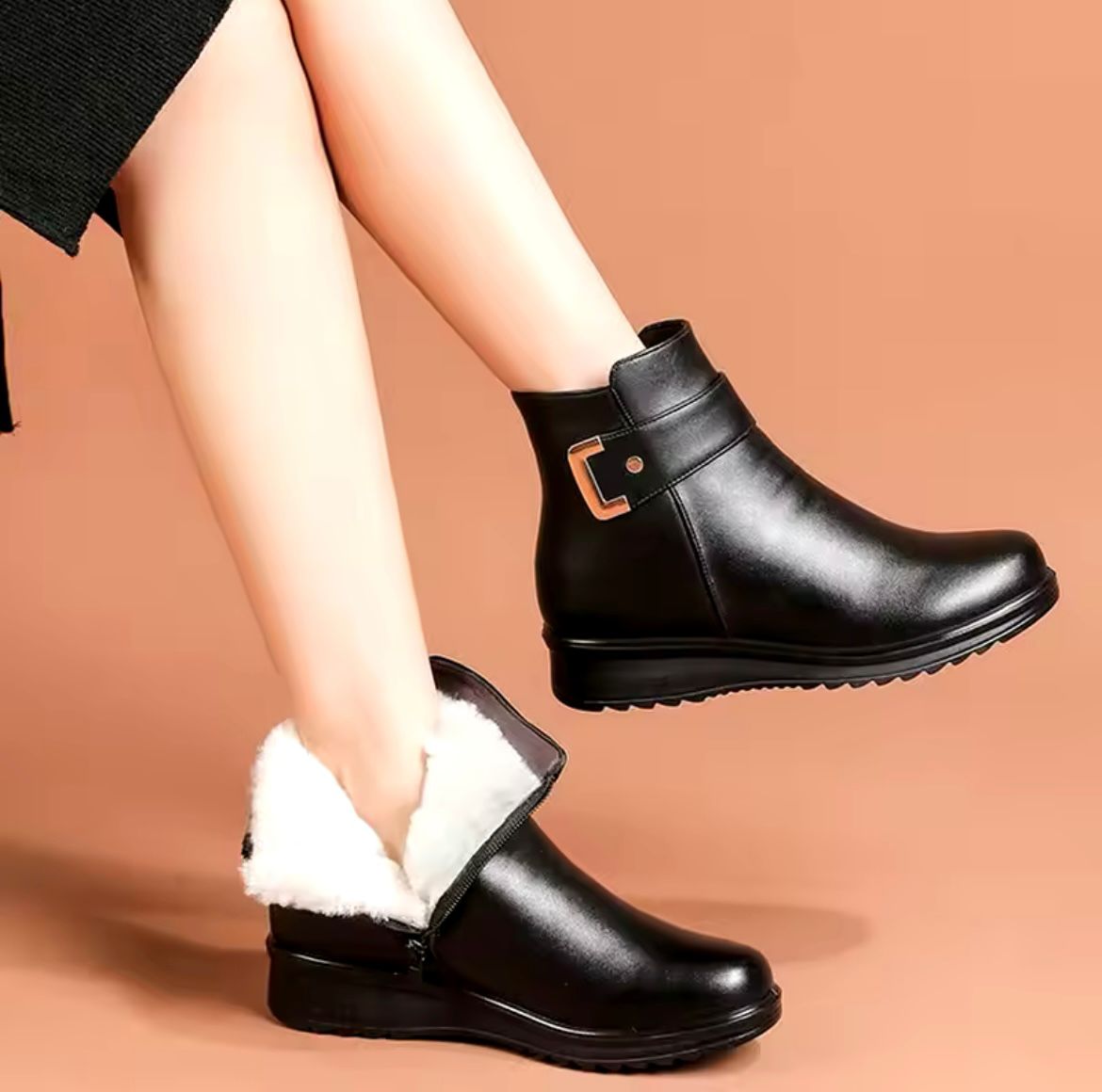 Mila Botines Mujer en Cuero – Forro de Piel Sintética Caliente y Cierre con Cremallera