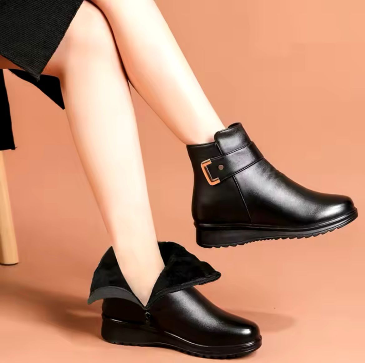 Mila Botines Mujer en Cuero – Forro de Piel Sintética Caliente y Cierre con Cremallera