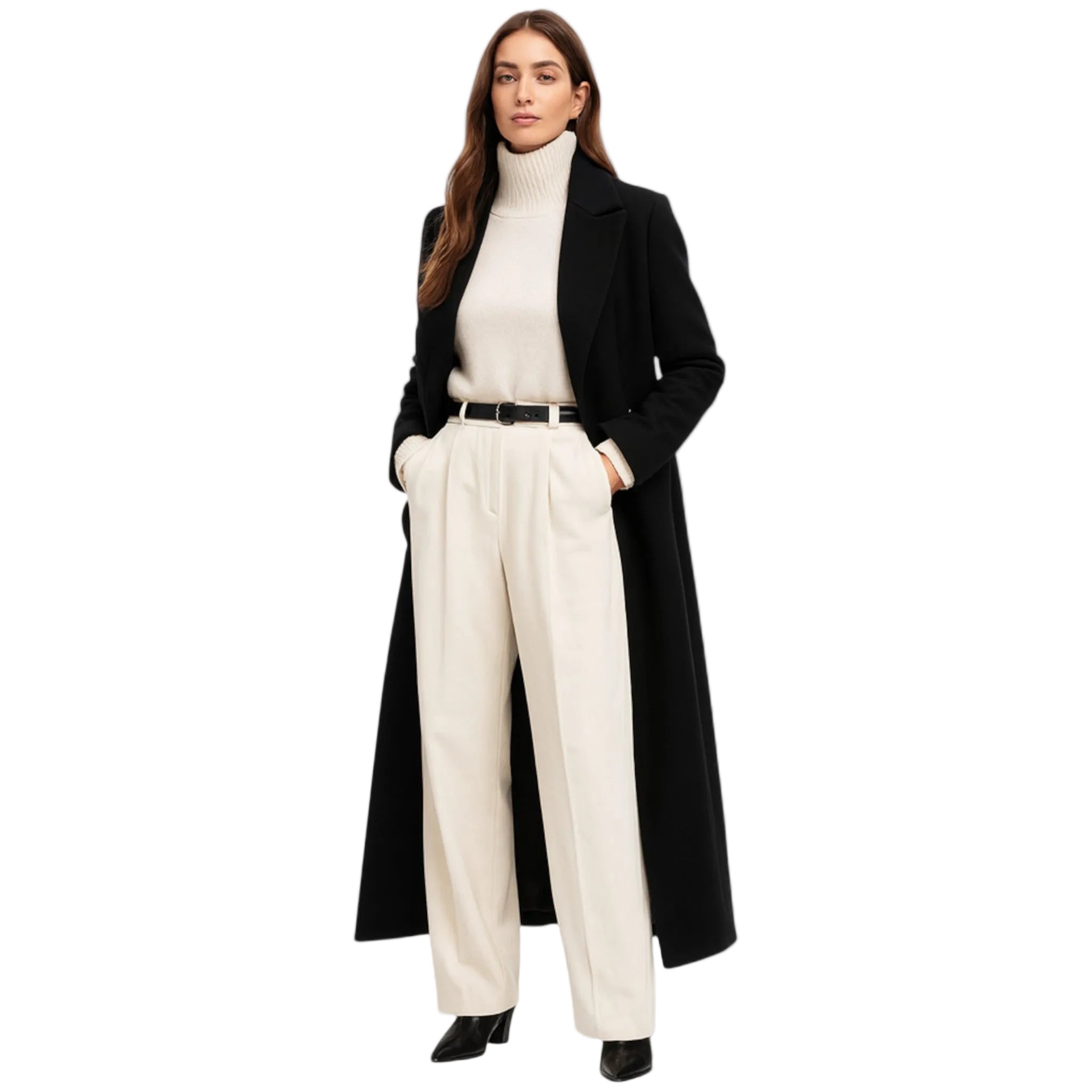 Isolde Long Black Coat for Women – Elegant Fit with Classic Lapel Collar & Chic Buttoning