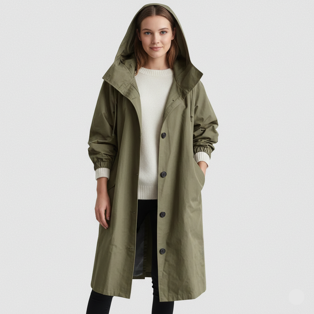 Abrigo Trench para Mujer Arlyn – Abrigo Largo Oversize con Capucha y Corte Elegante