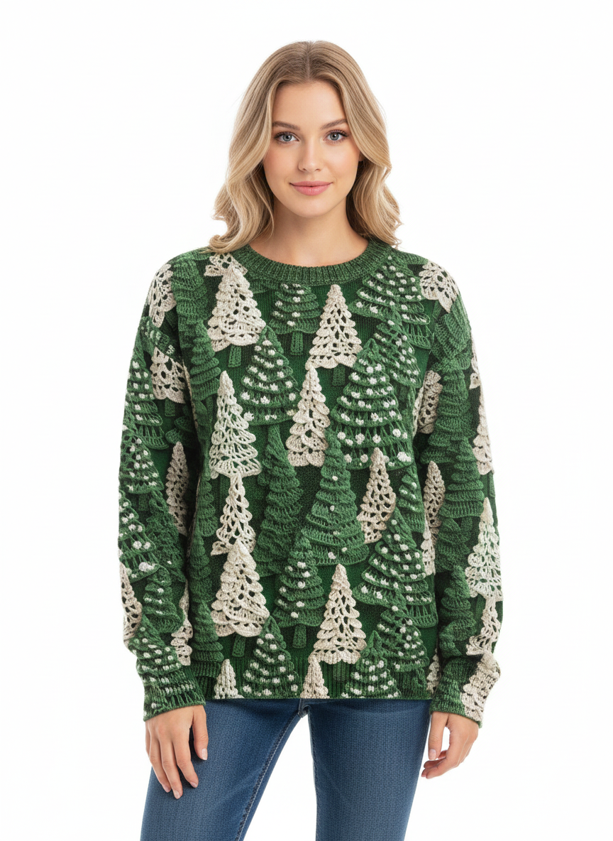 Linel Pull de Noël Femme – Tricot Festif Col Rond avec Motif Sapins & Manches Longues
