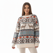 Lydia Sweter Świąteczny Damski – Zimowy Wzór z Reniferem i Płatkami Śniegu, Komfortowy Krój