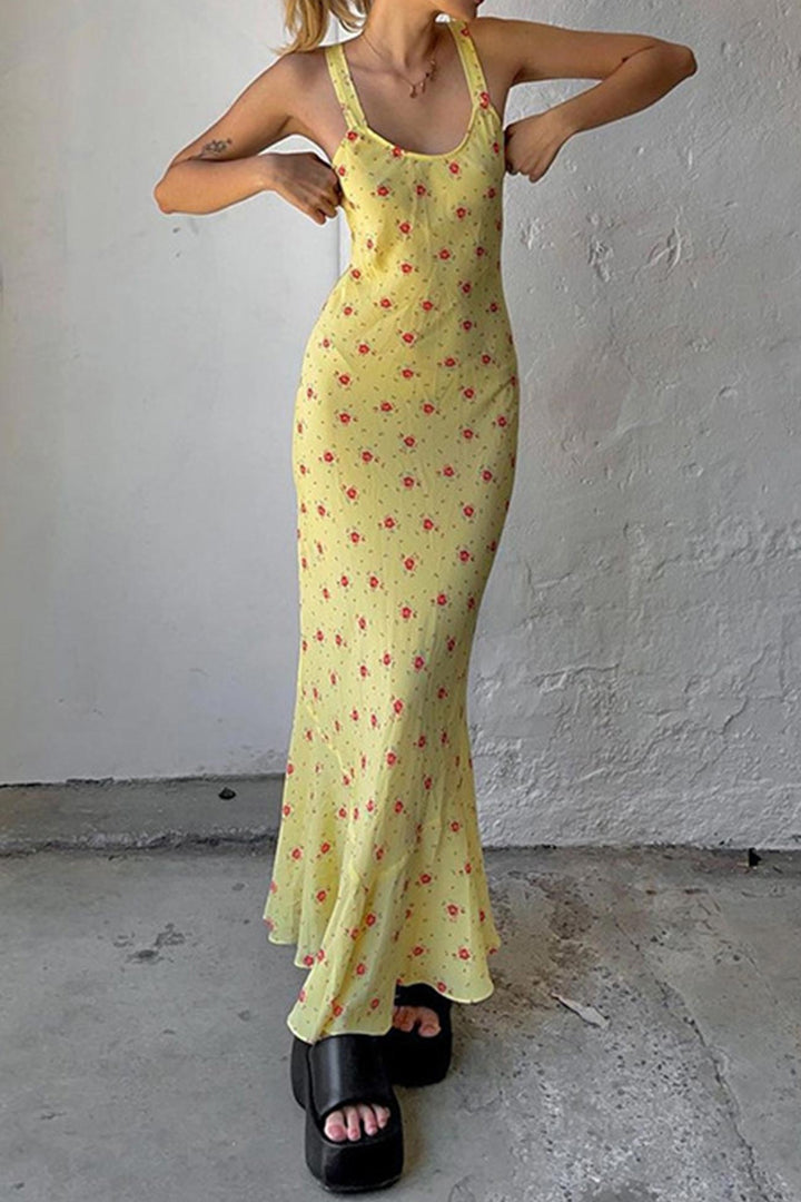 Vestido de verano de Clara Woman - Vestido amarillo con estampado floral con escote redondo para días calurosos