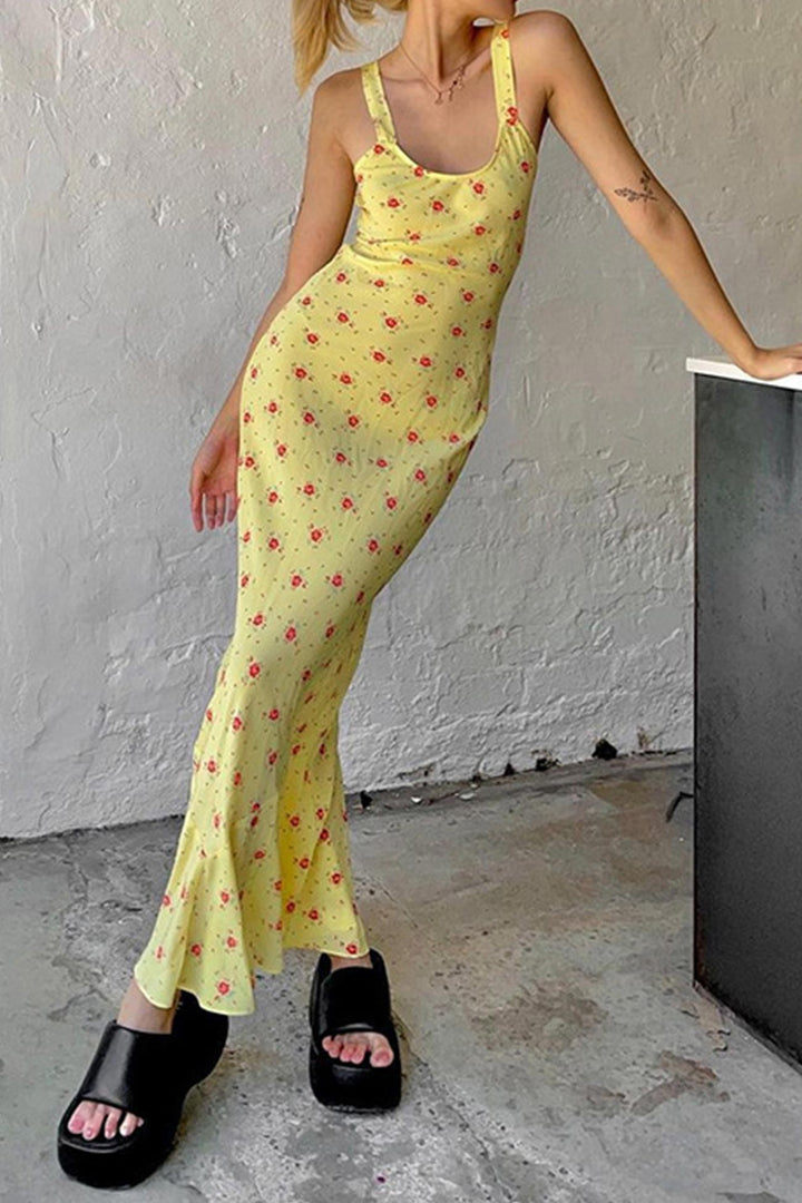 Vestido de verano de Clara Woman - Vestido amarillo con estampado floral con escote redondo para días calurosos
