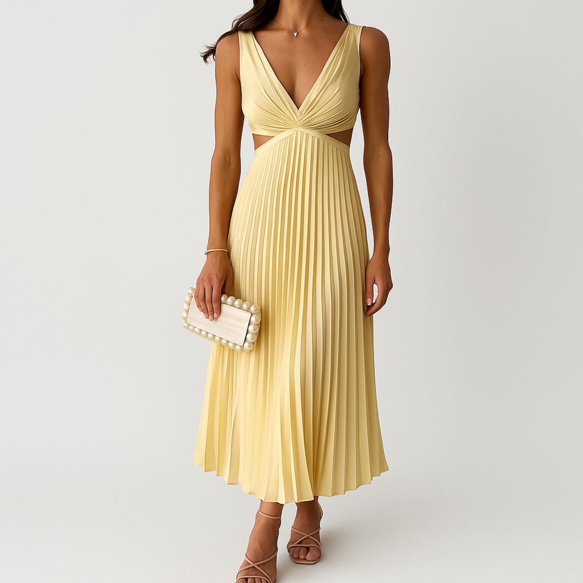 Vestido plisado de Shandee: satén brillante, corte de líquido y elegancia refinada