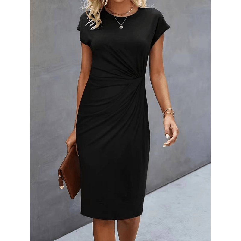 Zdenka Robe Midi Femme Looksy – Drapé Latéral, Manches Courtes & Col Rond Classique