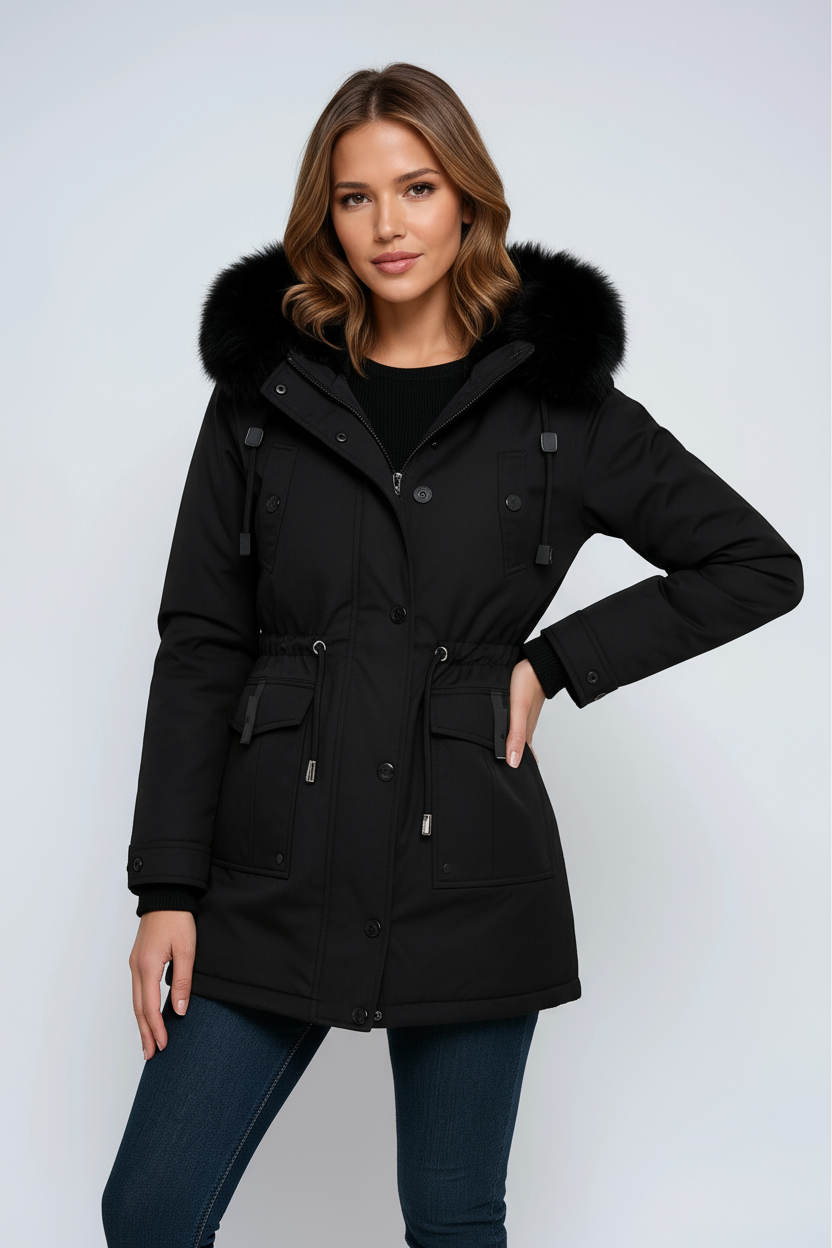 Leonor Parka Femme d’Hiver – Capuche avec Col en Fausse Fourrure & Taille Ajustable