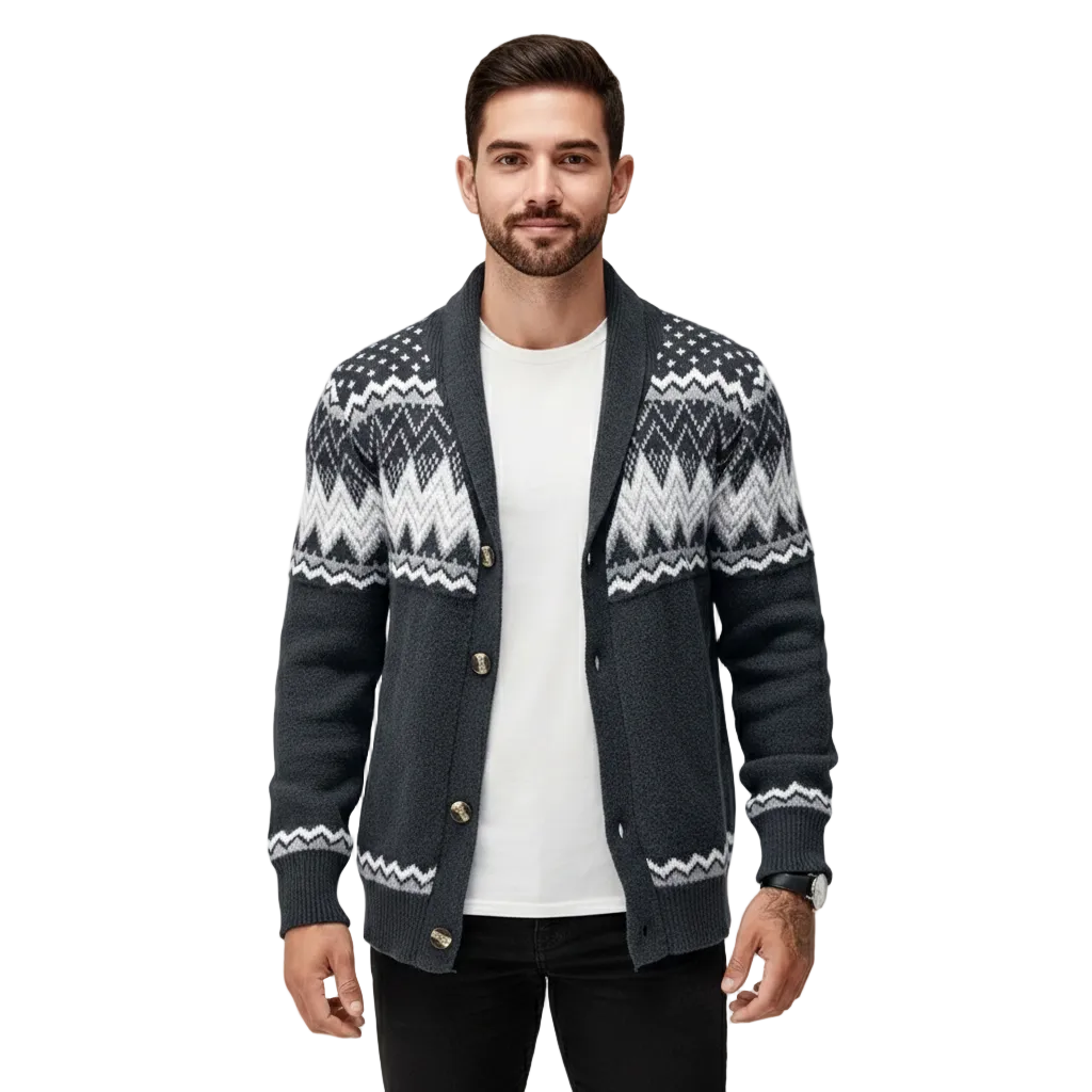 Zion Cardigan Homme à Col Châle – Maille Géométrique avec Finitions Contrastées