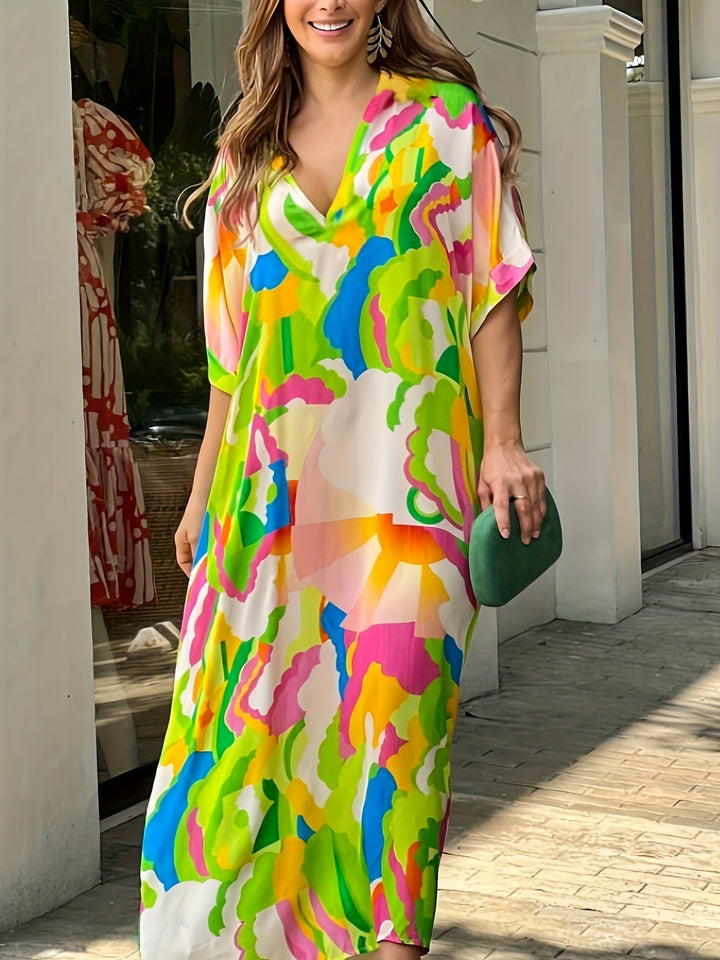 Oaklynn Robe Caftan Femme – Robe Maxi Caftan Légère avec Imprimé Multicolore & Look Estival