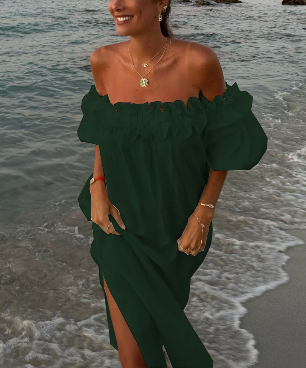 Valentina Robe Maxi Femme – Robe Boho Épaules Dénudées en Coton avec Volants & Encolure Bardot