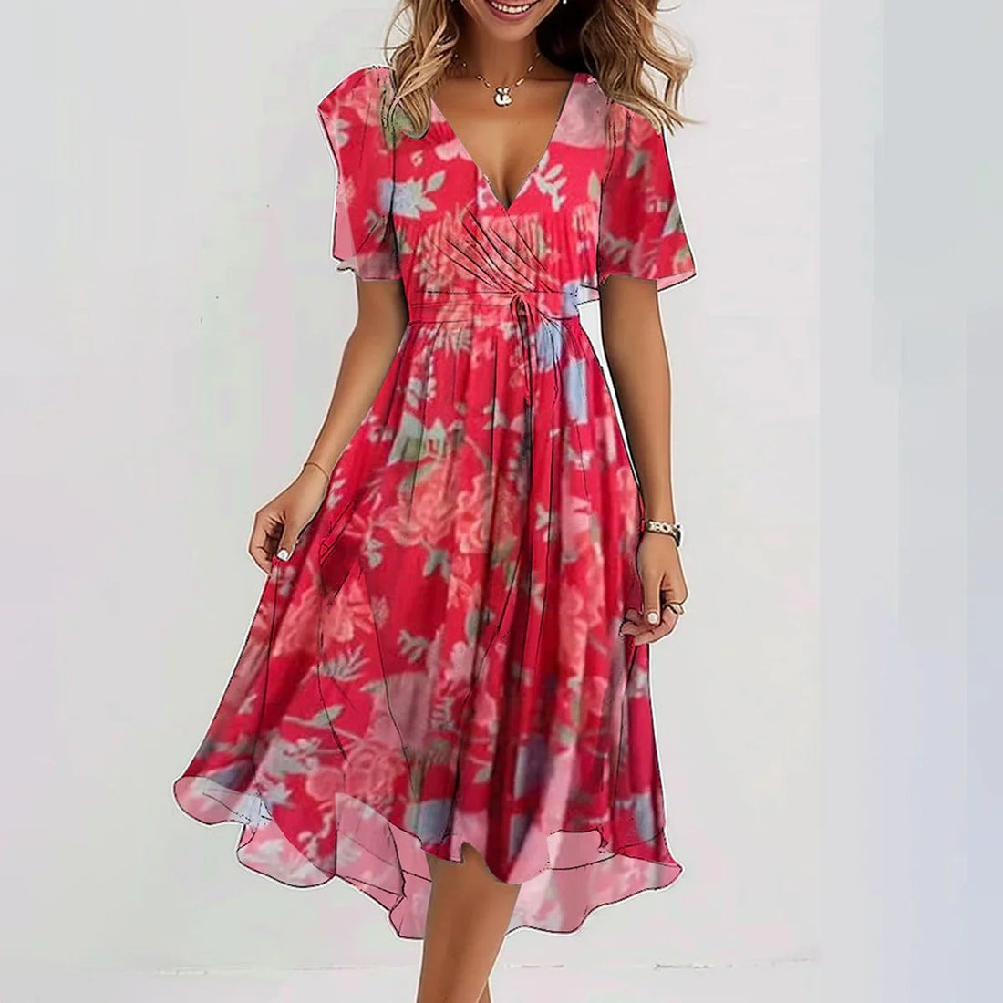 Aimee Robe Midi Femme – Coupe Flatteuse avec Imprimé Floral Vibrant & Confort Respirant