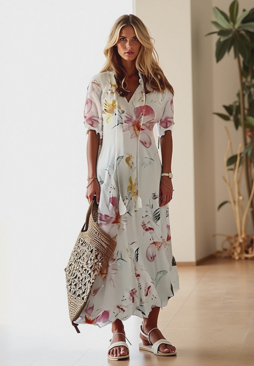 Robe Longue Femme Bettina – Robe Bohème d’Été avec Cordon à la Taille & Coupe Aérée