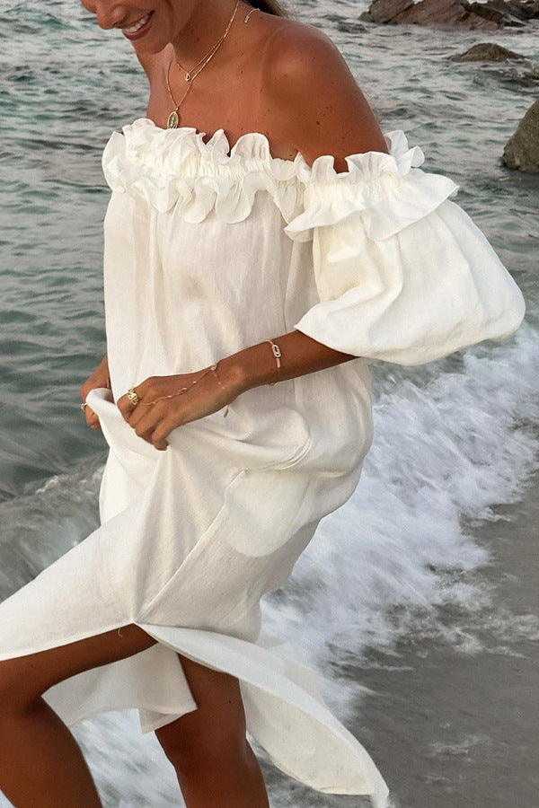 Valentina Robe Maxi Femme – Robe Boho Épaules Dénudées en Coton avec Volants & Encolure Bardot