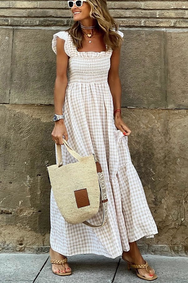 Rosie Robe Longue Femme – Élégante Robe à Carreaux pour le Travail & le Week-End