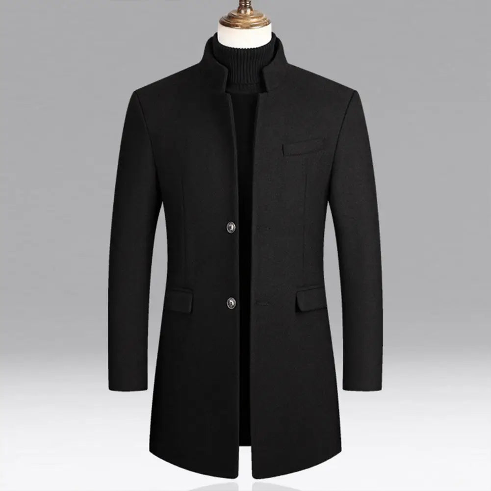 Hector Men's Mid-Length Wool Coat – Mandarin Collar, Regular Fit & Elegant Style