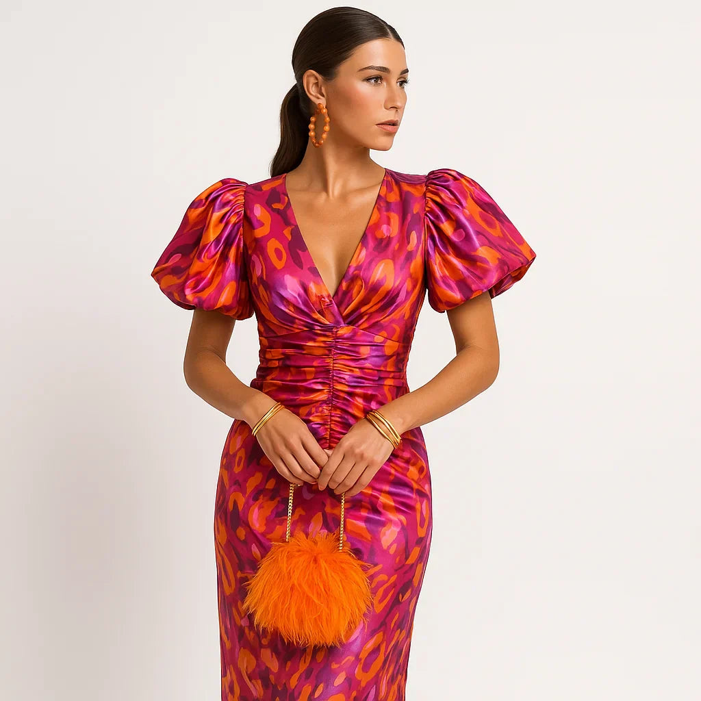 Vestido para mujeres impresas en Carol: mangas de pisos, estilo audaz y chic