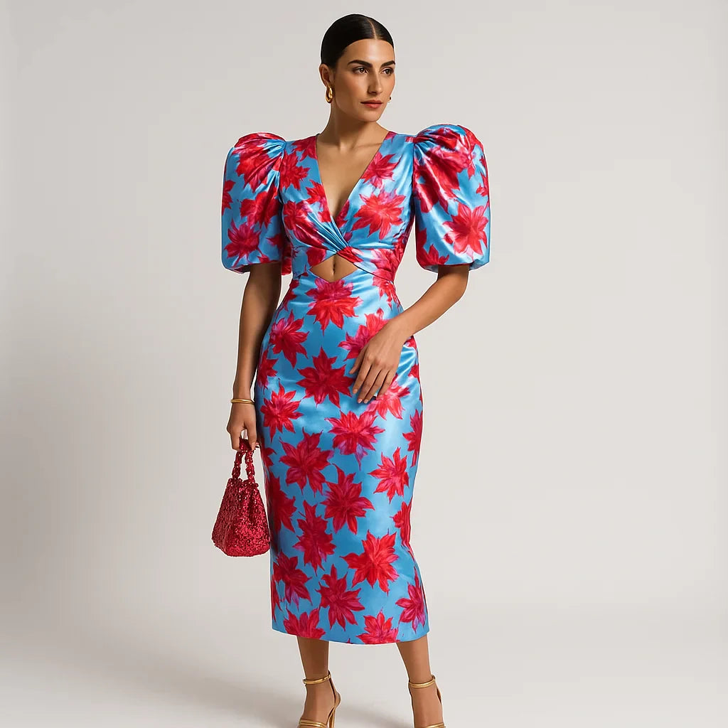 Vestido para mujeres impresas en Carol: mangas de pisos, estilo audaz y chic