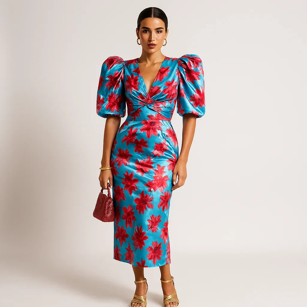 Vestido para mujeres impresas en Carol: mangas de pisos, estilo audaz y chic