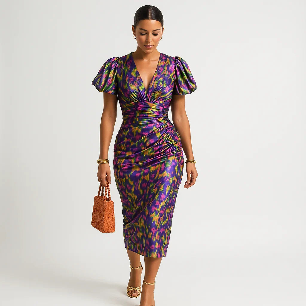 Vestido para mujeres impresas en Carol: mangas de pisos, estilo audaz y chic