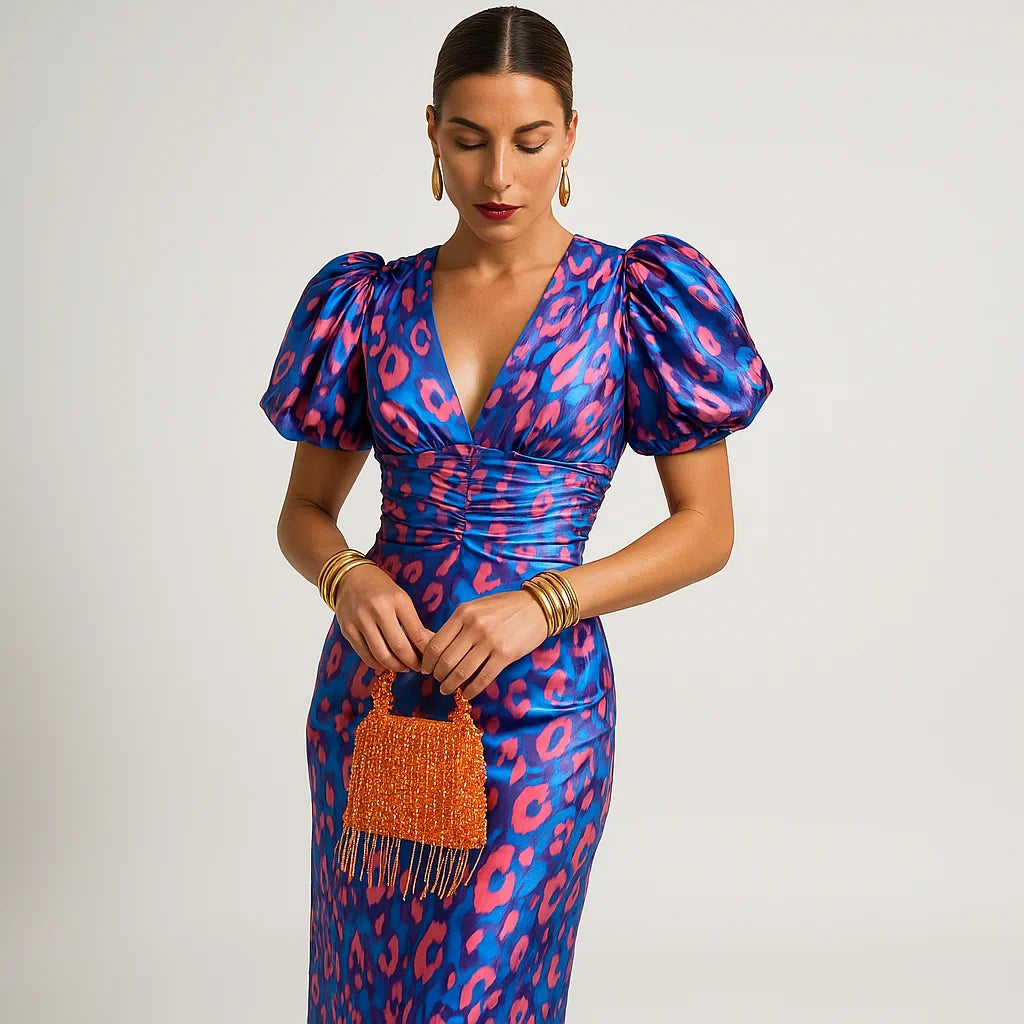 Vestido para mujeres impresas en Carol: mangas de pisos, estilo audaz y chic