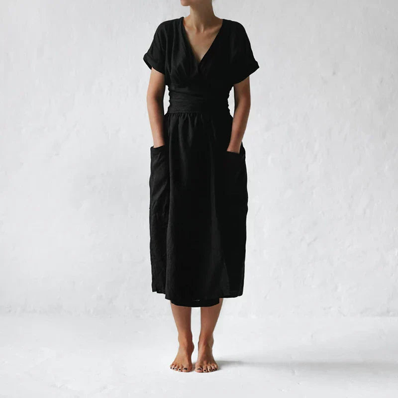 Vestido de lino para mujeres de Savannah - Vestido de billetera de manga corta con corte elegante y relajado