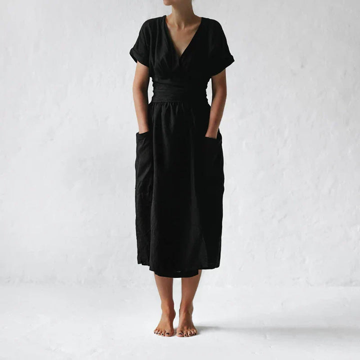 Abito di lino da donna Savannah - abito da portafoglio a maniche corte con taglio elegante e rilassato