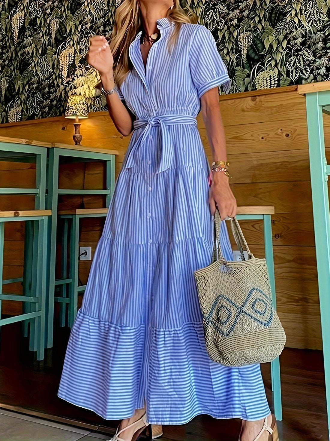 Brielle Robe Longue Femme – Chemise Rayée Élégante avec Ceinture & Coupe Décontractée