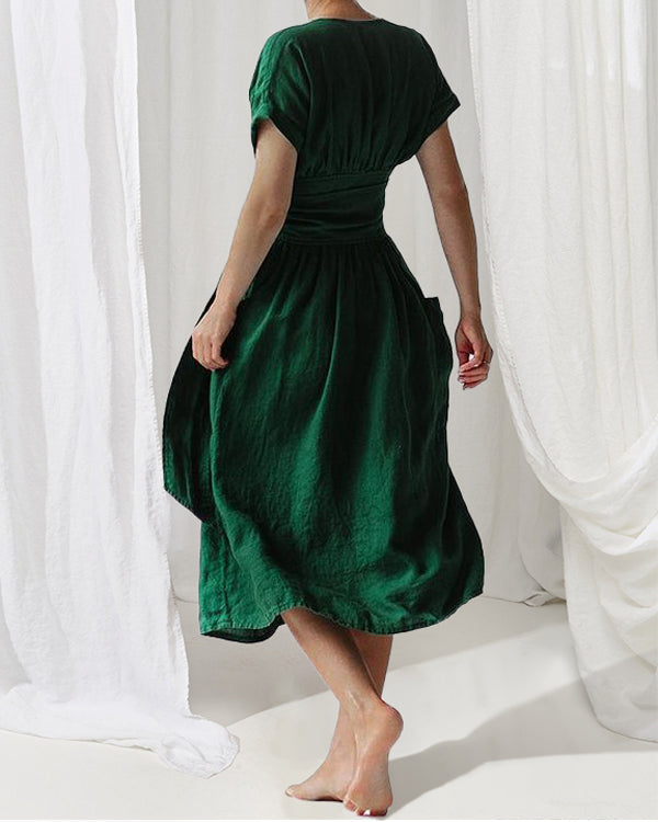 Vestido de lino para mujeres de Savannah - Vestido de billetera de manga corta con corte elegante y relajado