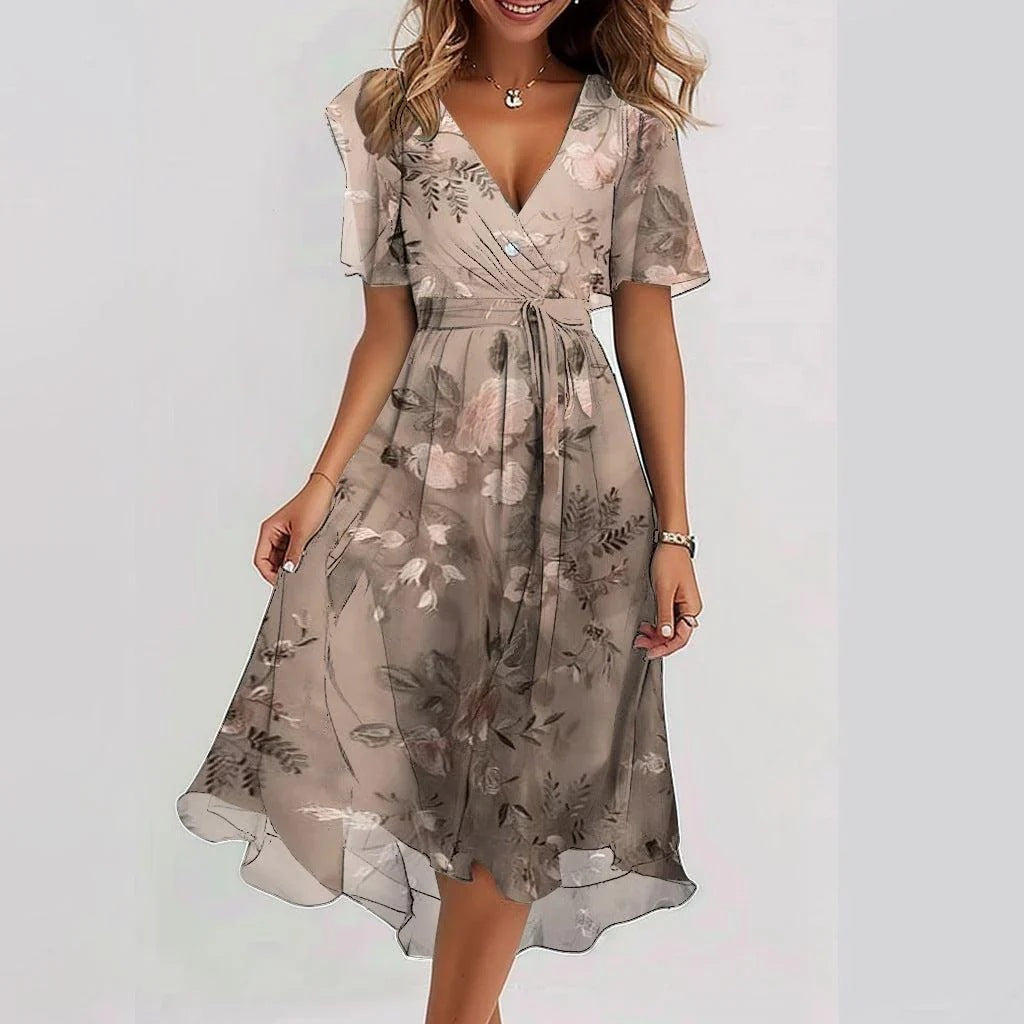 Vestido del mediodía de Emily Women - Vestido de tela ligera con estampado floral, V y escote de la cintura curva