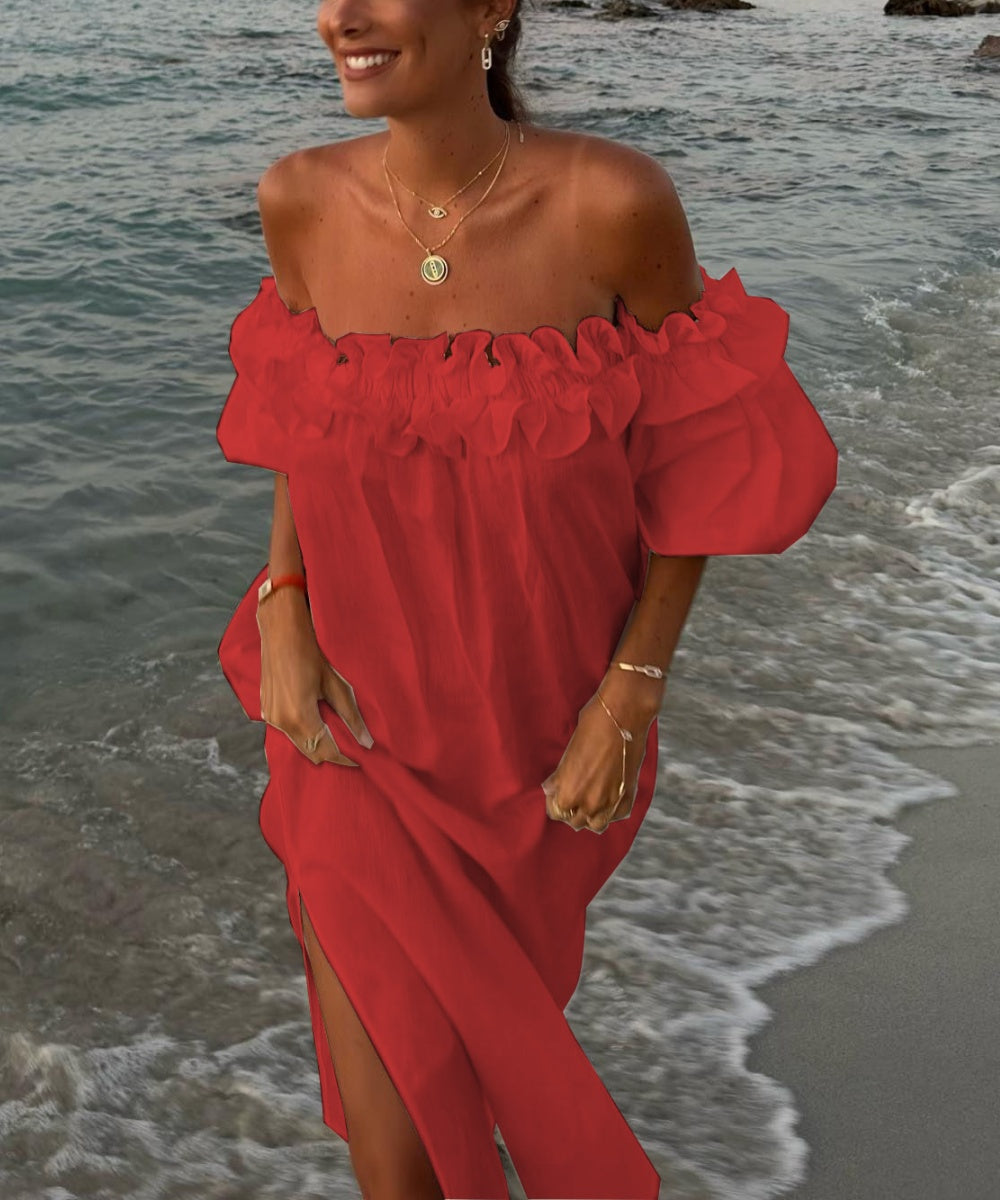 Valentina Robe Maxi Femme – Robe Boho Épaules Dénudées en Coton avec Volants & Encolure Bardot