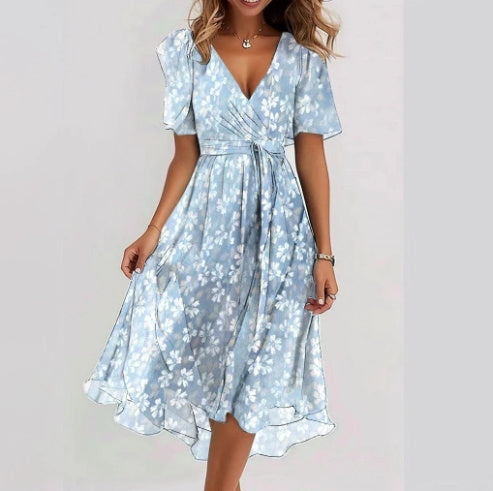 Vestido del mediodía de Emily Women - Vestido de tela ligera con estampado floral, V y escote de la cintura curva