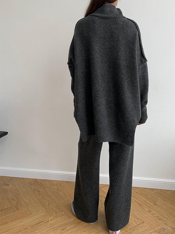 Aria Ensemble Loungewear Dame – Sæt Blødt Strik med Høj Hals & Vide Bukser