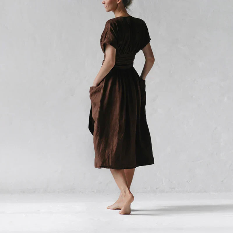 Vestido de lino para mujeres de Savannah - Vestido de billetera de manga corta con corte elegante y relajado