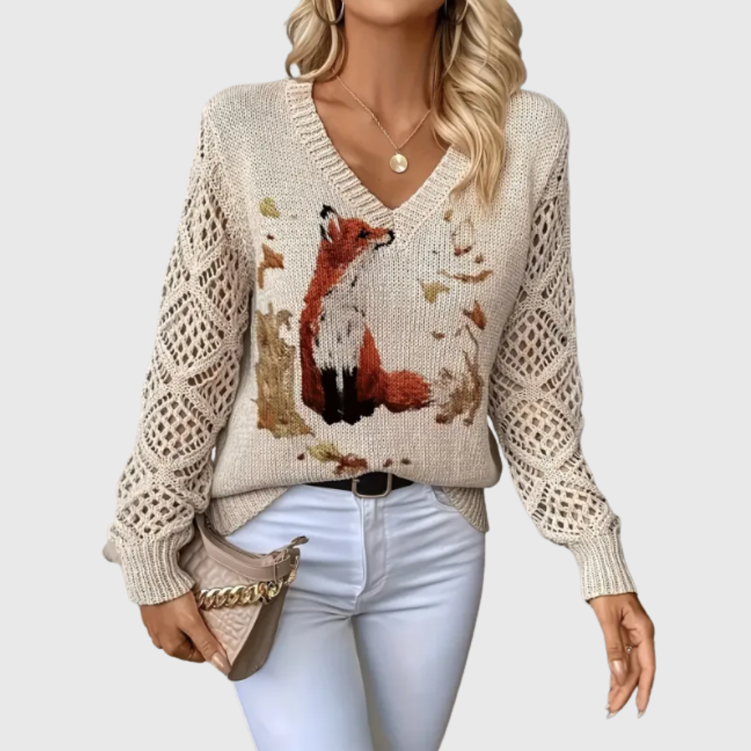 Pulover damă Nancy tricot ușor – țesătură aerisită cu model floral și guler V elegant