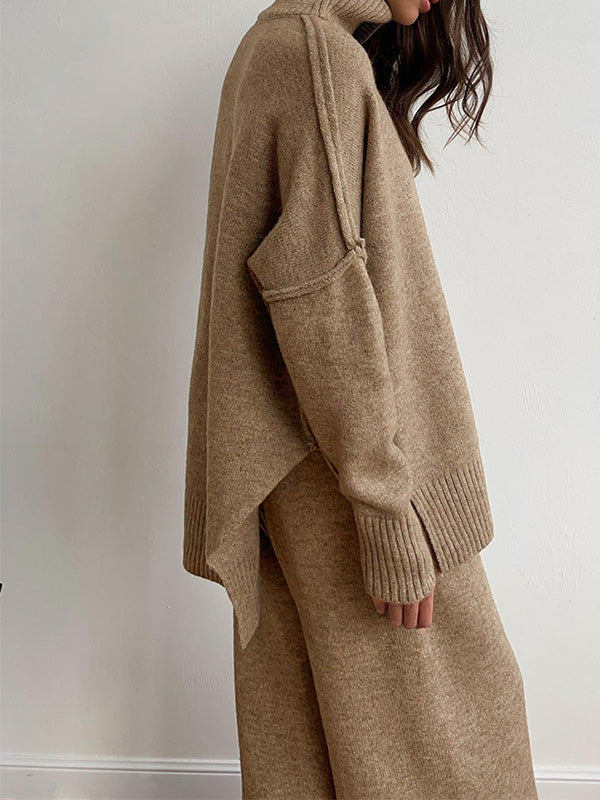 Aria Ensemble Loungewear Dame – Sæt Blødt Strik med Høj Hals & Vide Bukser