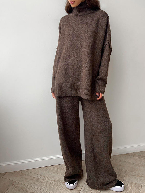 Aria Ensemble Loungewear Dame – Sæt Blødt Strik med Høj Hals & Vide Bukser