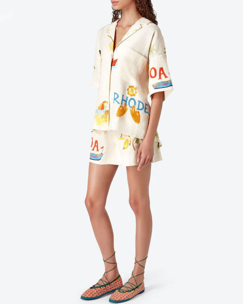 Stella Ensemble en Lin Femme – Coordonné Estival avec Imprimé Tropical, Chemise Légère & Short Confortable