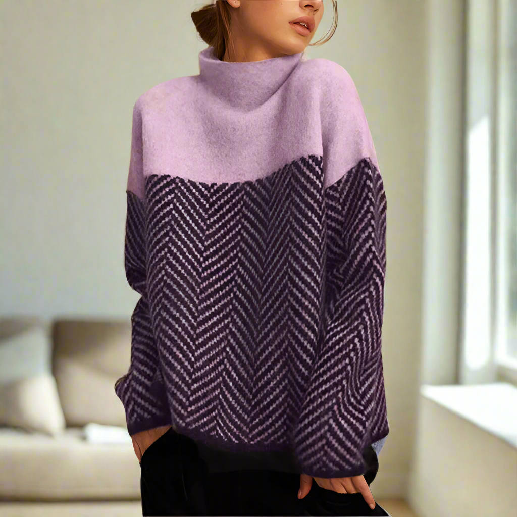 Stella Femme Pull Col Roulé – Pull Chaud à Motif Chevron Élégant & Confortable pour Hiver