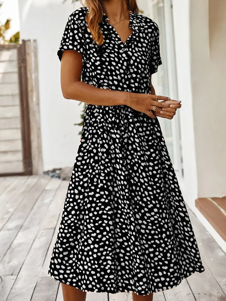 Ulvienne Robe d’Été Femme – Robe Midi à Manches Courtes avec Ceinture à la Taille & Imprimé Tendance