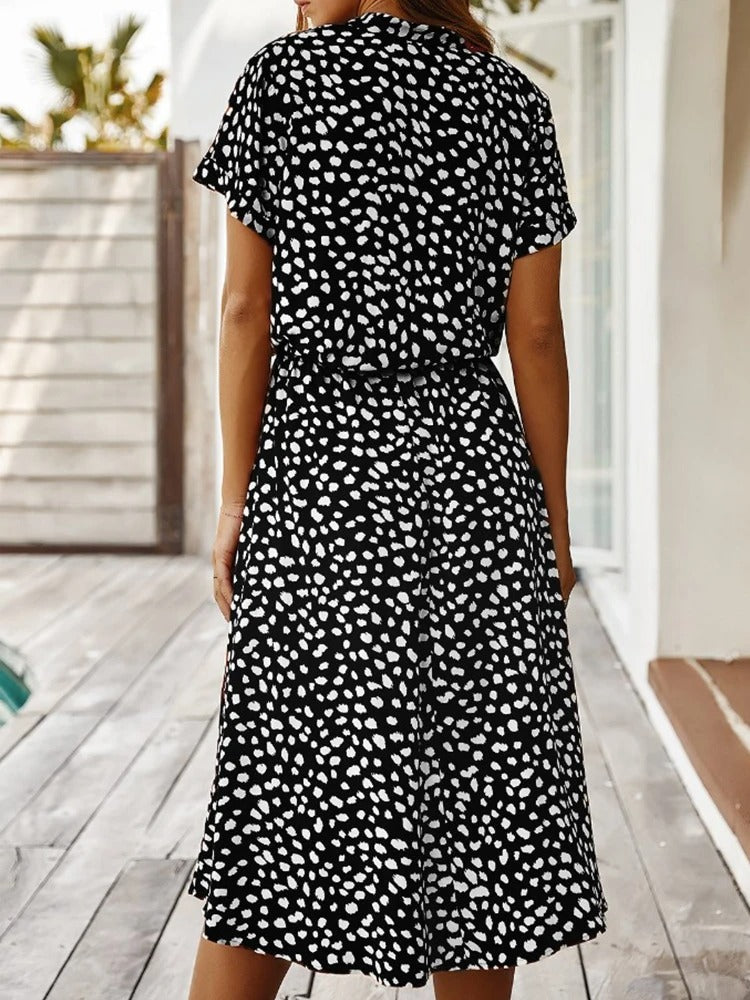 Ulvienne Robe d’Été Femme – Robe Midi à Manches Courtes avec Ceinture à la Taille & Imprimé Tendance