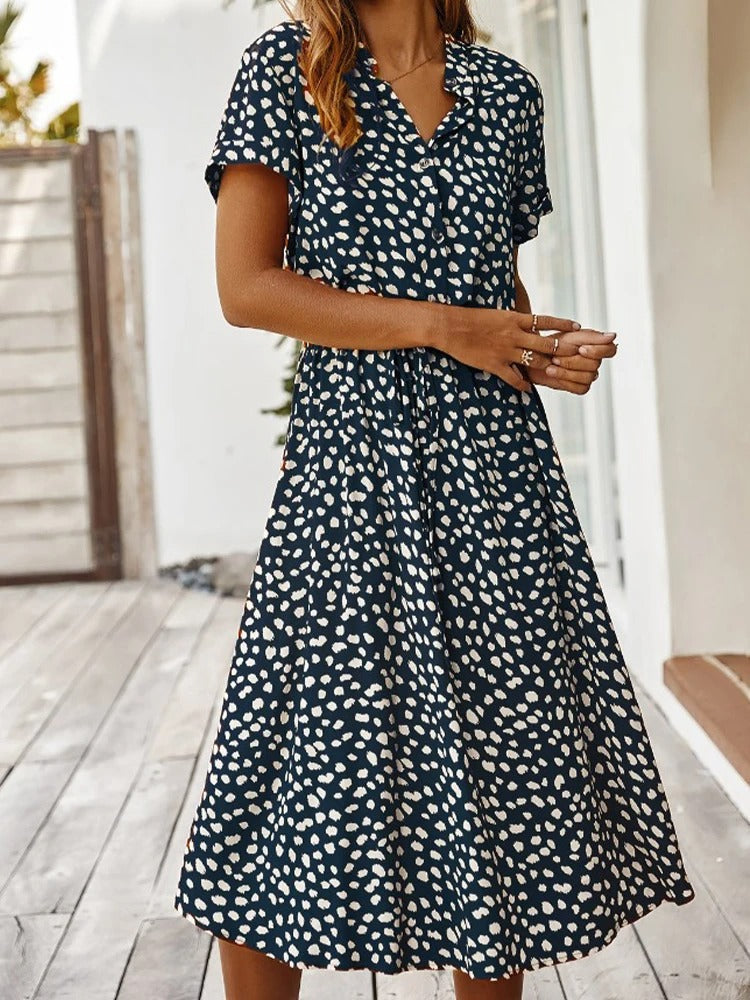 Ulvienne Robe d’Été Femme – Robe Midi à Manches Courtes avec Ceinture à la Taille & Imprimé Tendance