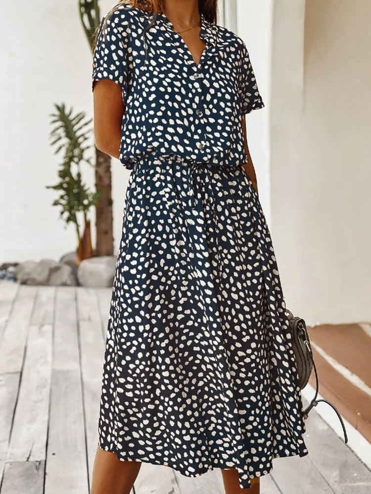 Ulvienne Robe d’Été Femme – Robe Midi à Manches Courtes avec Ceinture à la Taille & Imprimé Tendance