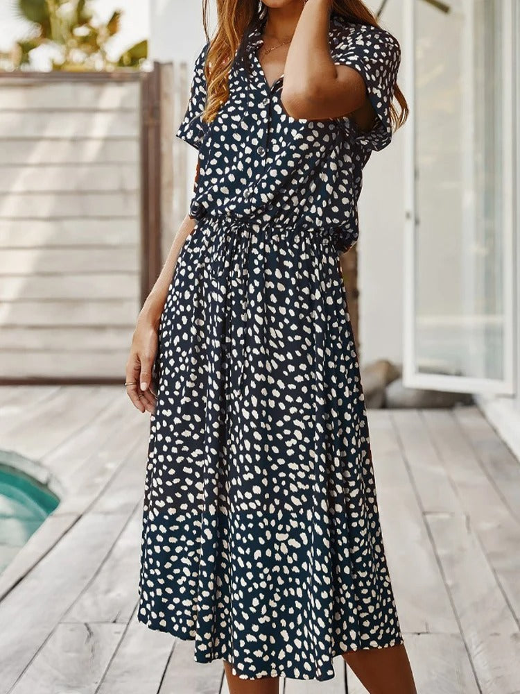 Ulvienne Robe d’Été Femme – Robe Midi à Manches Courtes avec Ceinture à la Taille & Imprimé Tendance