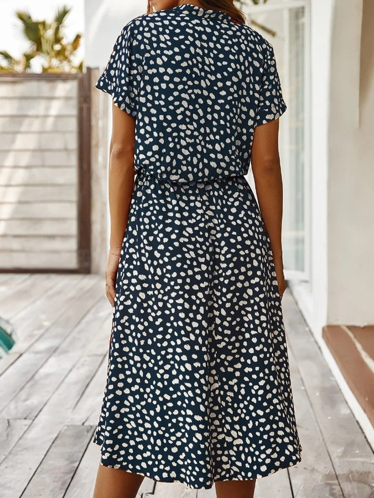 Ulvienne Robe d’Été Femme – Robe Midi à Manches Courtes avec Ceinture à la Taille & Imprimé Tendance