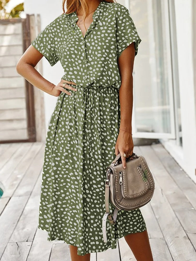 Ulvienne Robe d’Été Femme – Robe Midi à Manches Courtes avec Ceinture à la Taille & Imprimé Tendance