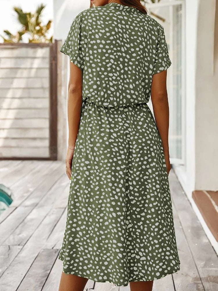 Ulvienne Robe d’Été Femme – Robe Midi à Manches Courtes avec Ceinture à la Taille & Imprimé Tendance
