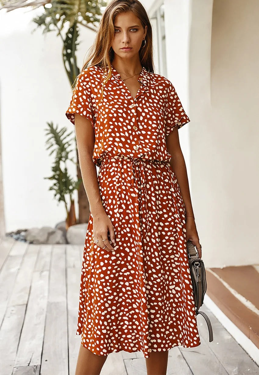 Vestido de verano para mujeres Ulvene: vestido midi con mangas cortas con cintura y cinturón de estampado de moda